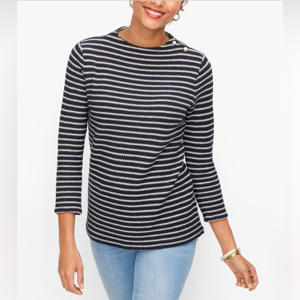 Talbots Striped Navy White Womens Sweater Small 3/4 Sleeve 100% Cotton Nautical